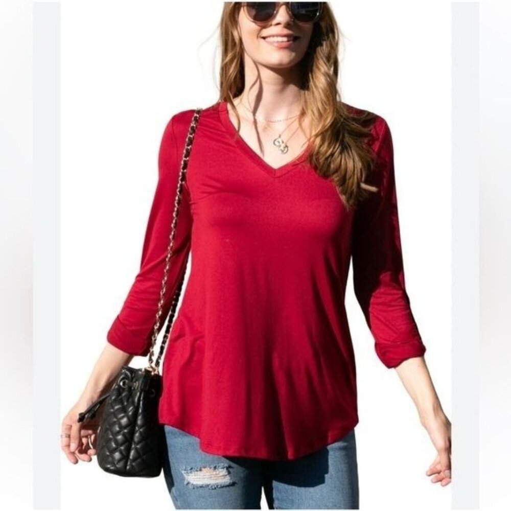 Belaroi Womens Red V-Neck 3/4 Sleeve Tunic Top With Pocket Plus Size 2X